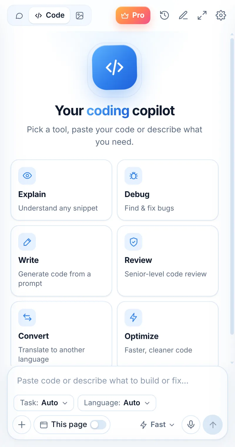 Muse coding copilot mode with task and language pickers