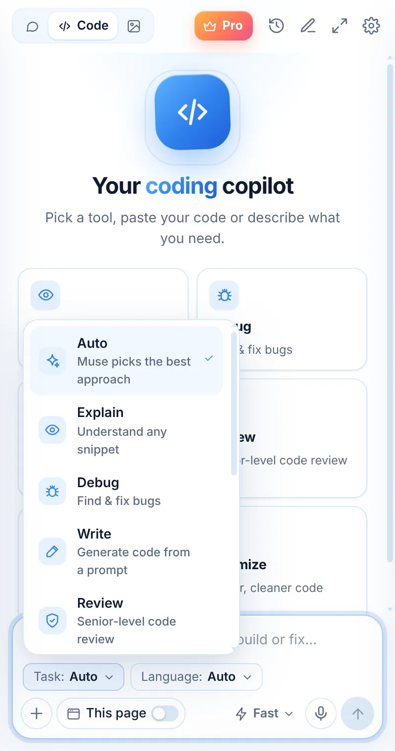 Muse coding tools menu: Auto, Explain, Debug, Write, Review