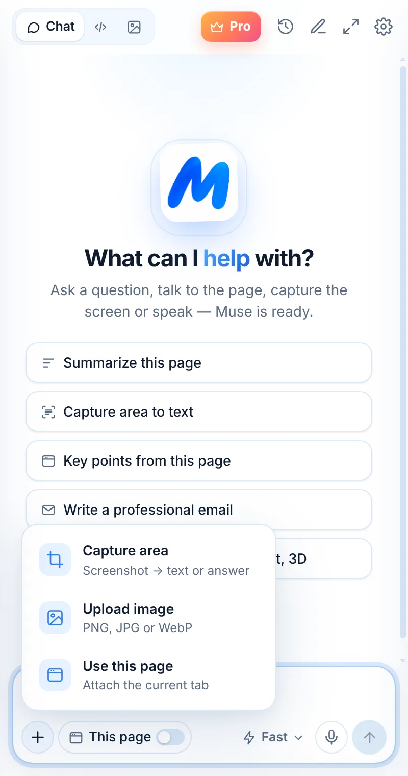 Muse menu with Capture area, Upload image and Use this page