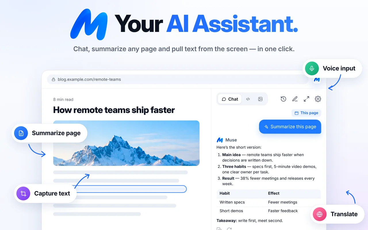 Muse summarizing a blog post about remote teams in the Chrome side panel