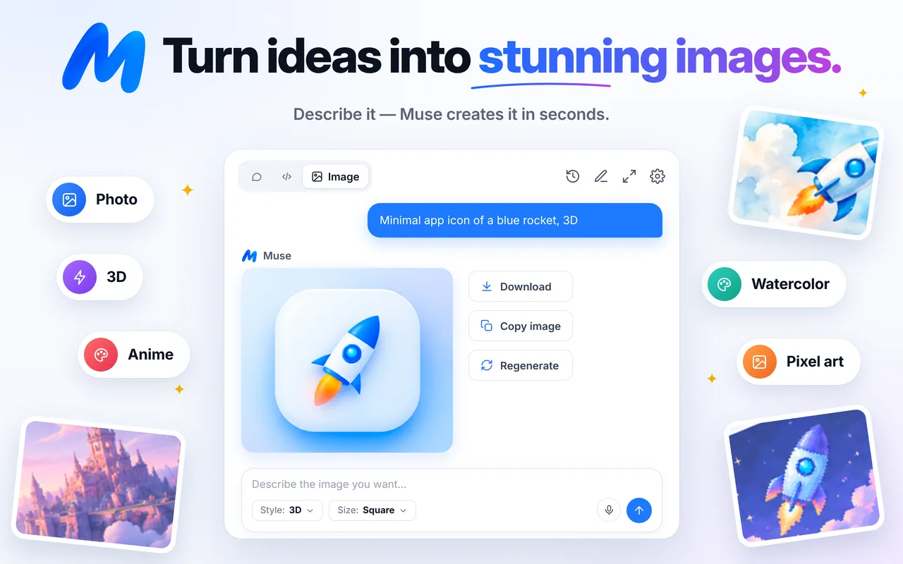 Muse AI image generator creating a 3D rocket icon