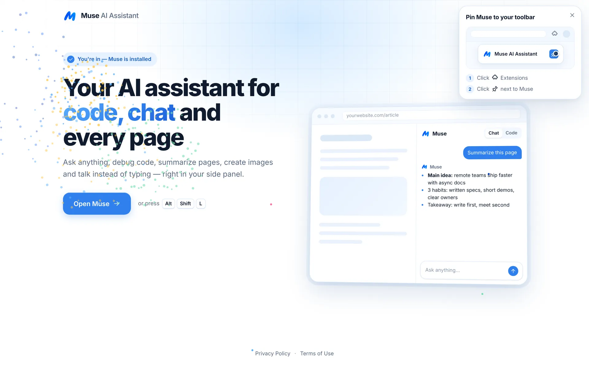 Muse installed welcome page